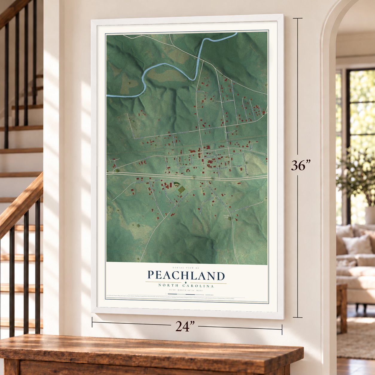 Peachland, North Carolina map, 24 x 36 inch print in a white frame by a staircase