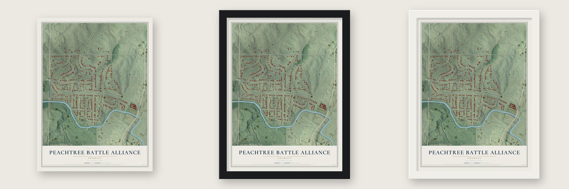 Peachtree Battle Alliance, Georgia map unframed, in a black wood frame and in a white wood frame