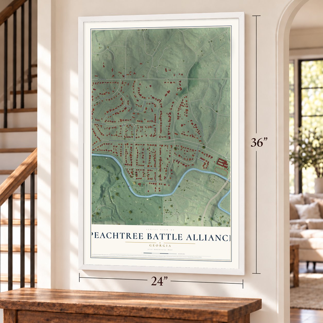 Peachtree Battle Alliance, Georgia map, 24 x 36 inch print in a white frame by a staircase