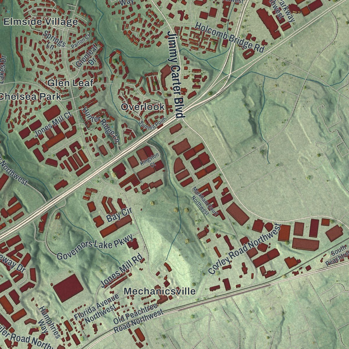 Second close-up of the map of Peachtree Corners, Georgia print showing more streets and buildings