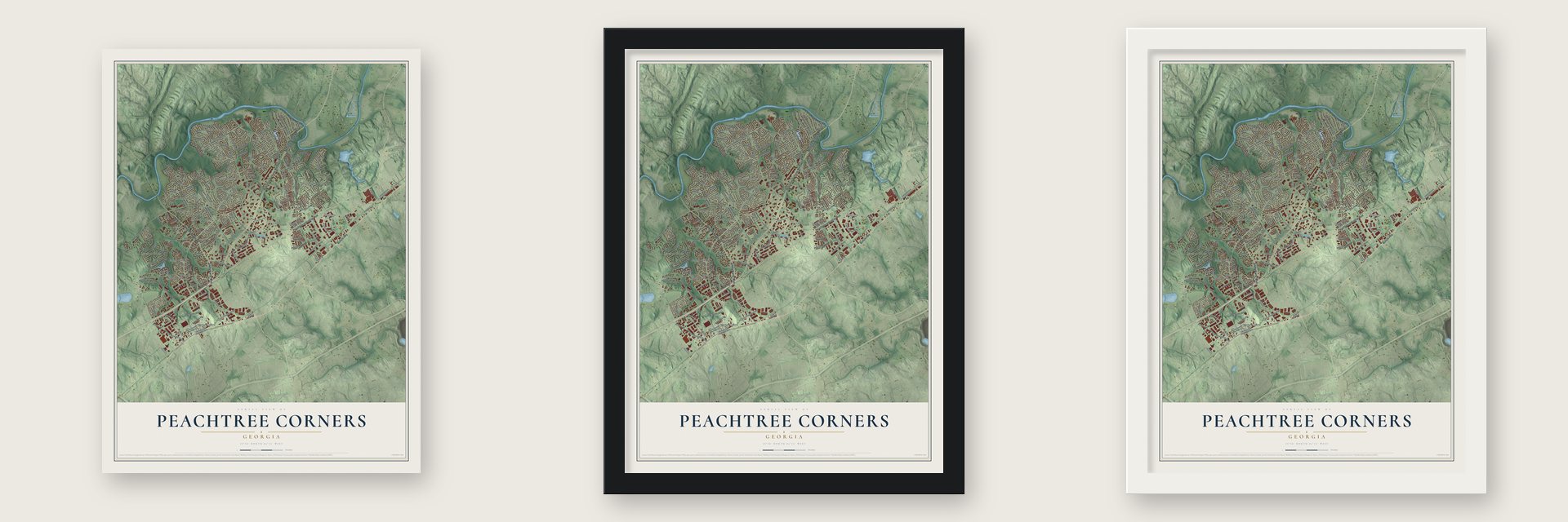 Peachtree Corners, Georgia map unframed, in a black wood frame and in a white wood frame