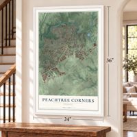 Peachtree Corners, Georgia map, 24 x 36 inch print in a white frame by a staircase