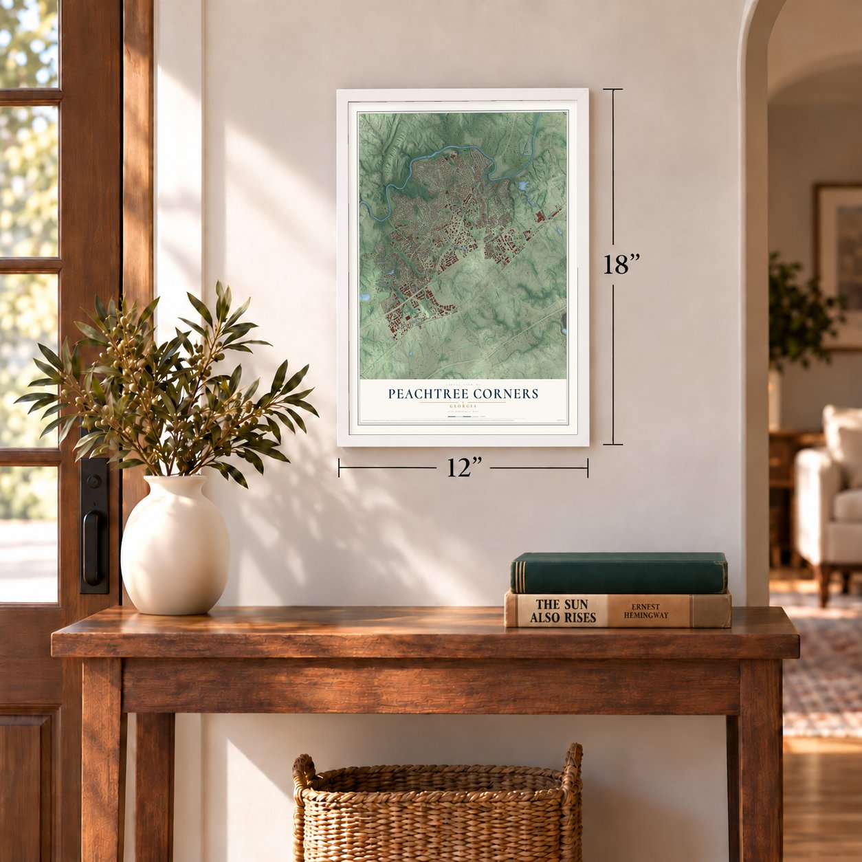 Peachtree Corners, Georgia map, 12 x 18 inch print in a white frame in an entryway
