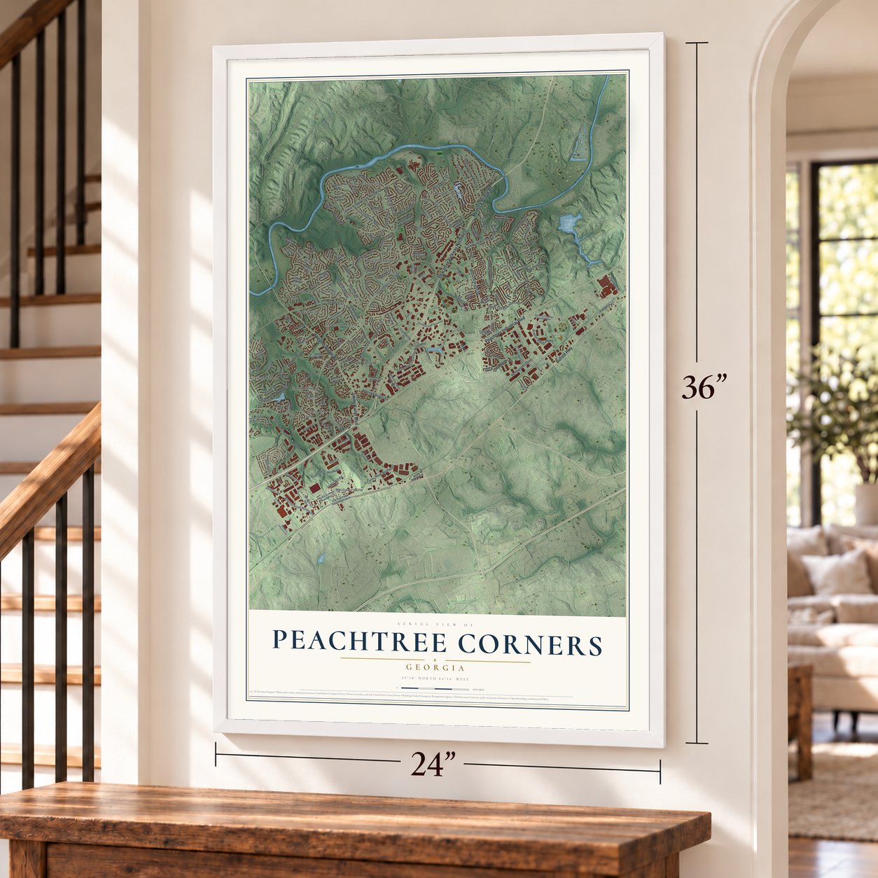 Peachtree Corners, Georgia map, 24 x 36 inch print in a white frame by a staircase