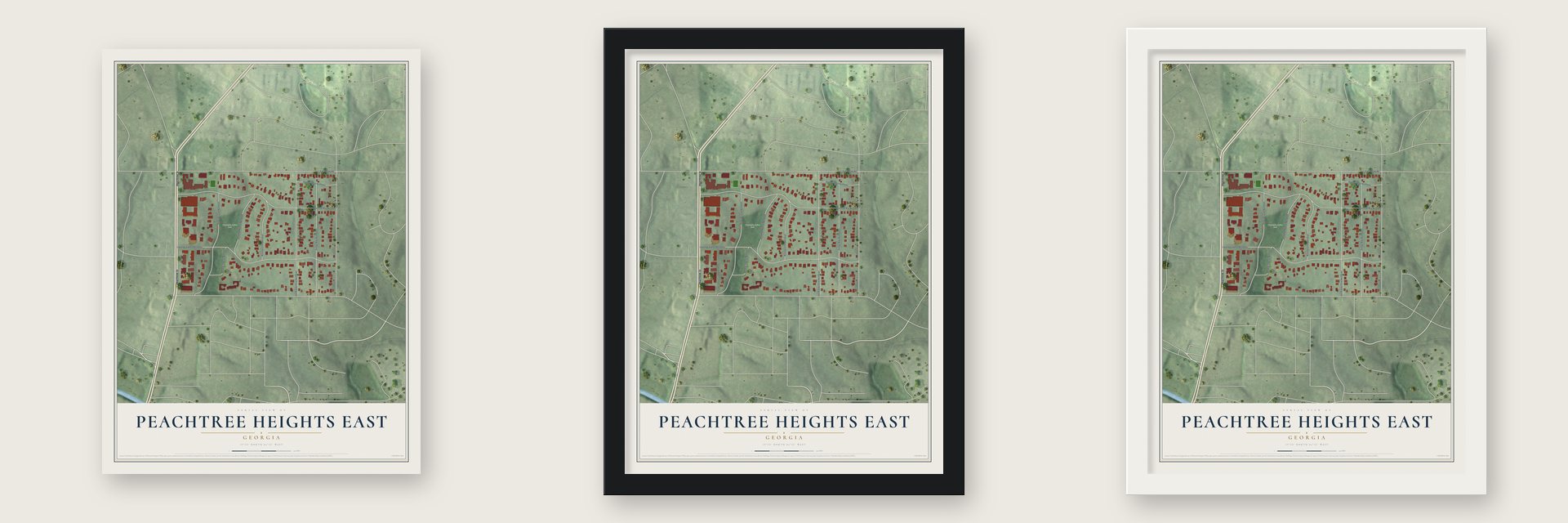 Peachtree Heights East, Georgia map unframed, in a black wood frame and in a white wood frame