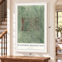 Peachtree Heights East, Georgia map, 24 x 36 inch print in a white frame by a staircase