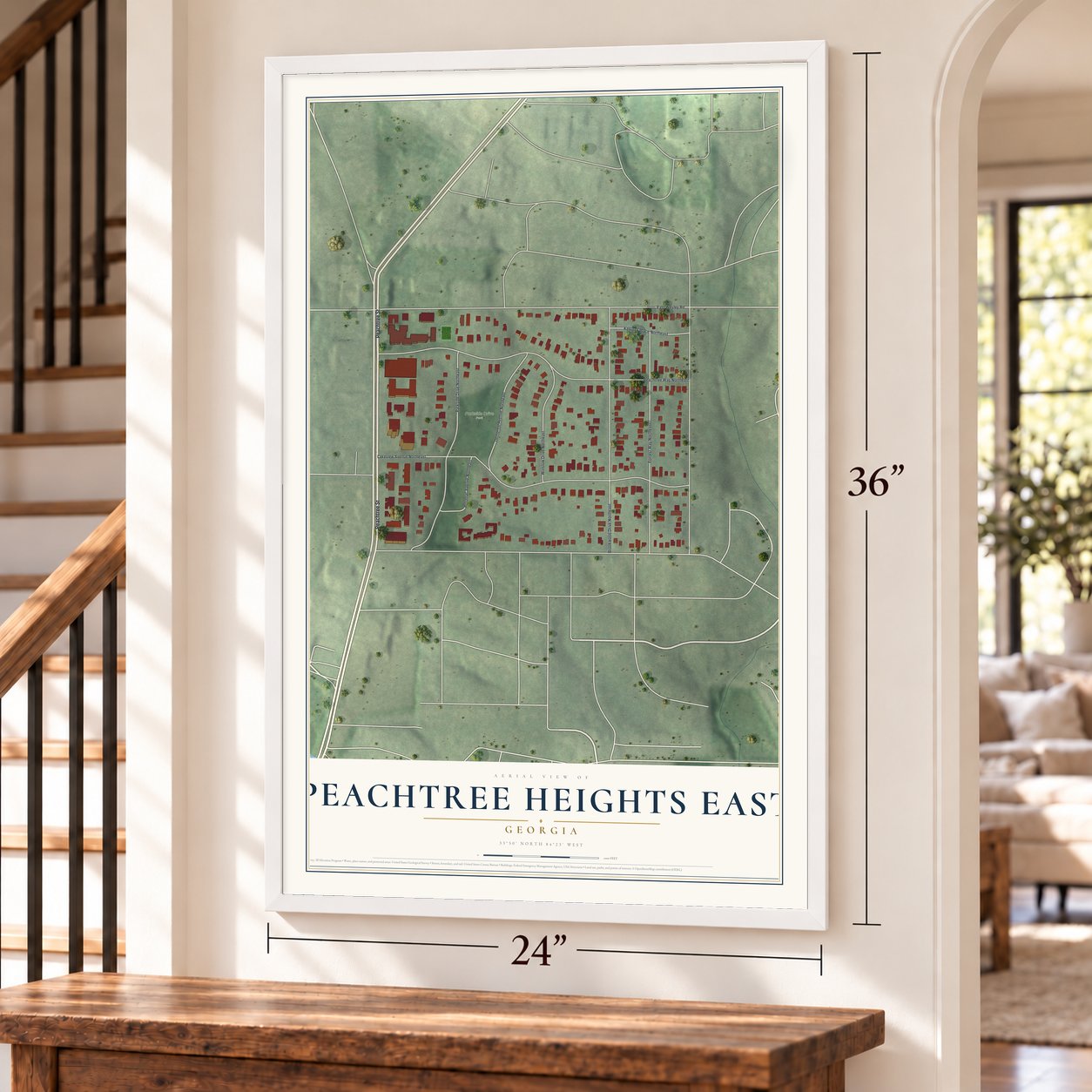 Peachtree Heights East, Georgia map, 24 x 36 inch print in a white frame by a staircase