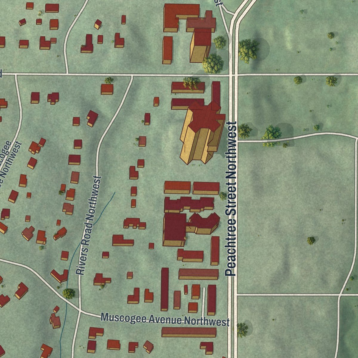 Second close-up of the map of Peachtree Heights West, Georgia print showing more streets and buildings