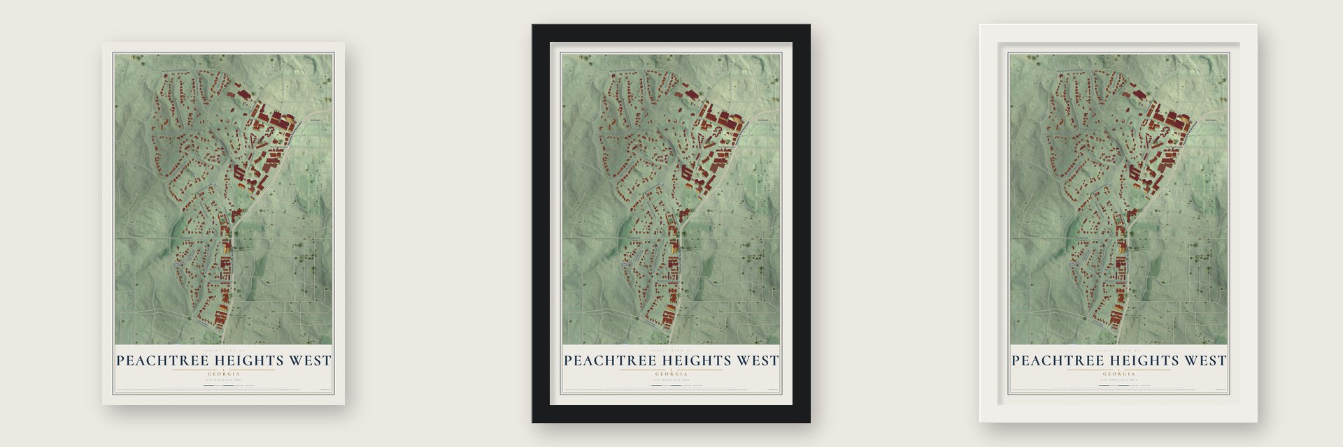 Peachtree Heights West, Georgia map unframed, in a black wood frame and in a white wood frame