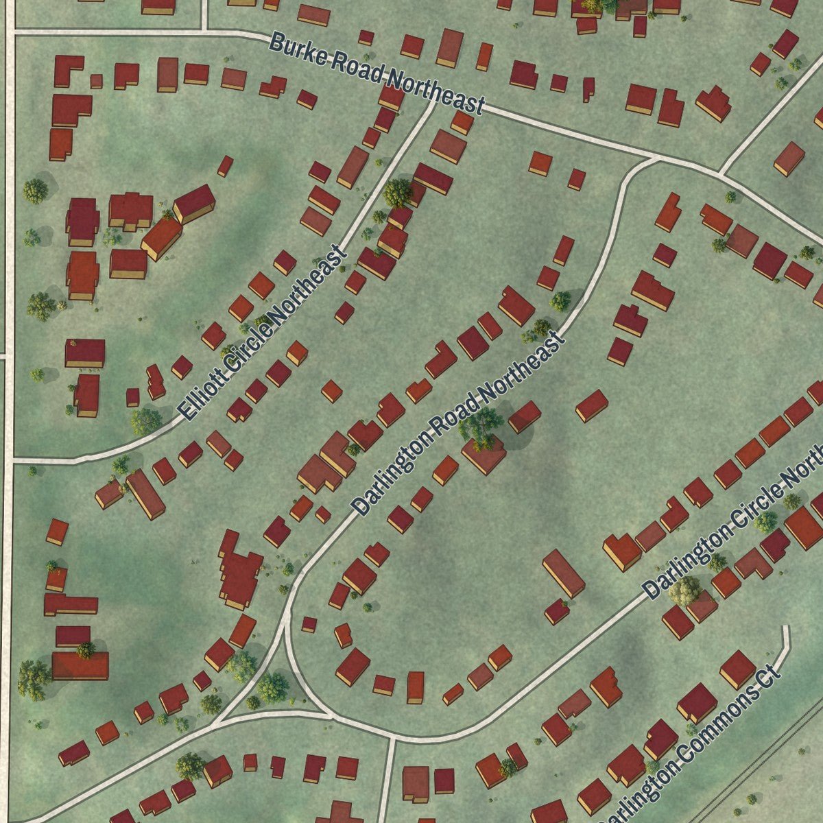 Second close-up of the map of Peachtree Park, Georgia print showing more streets and buildings