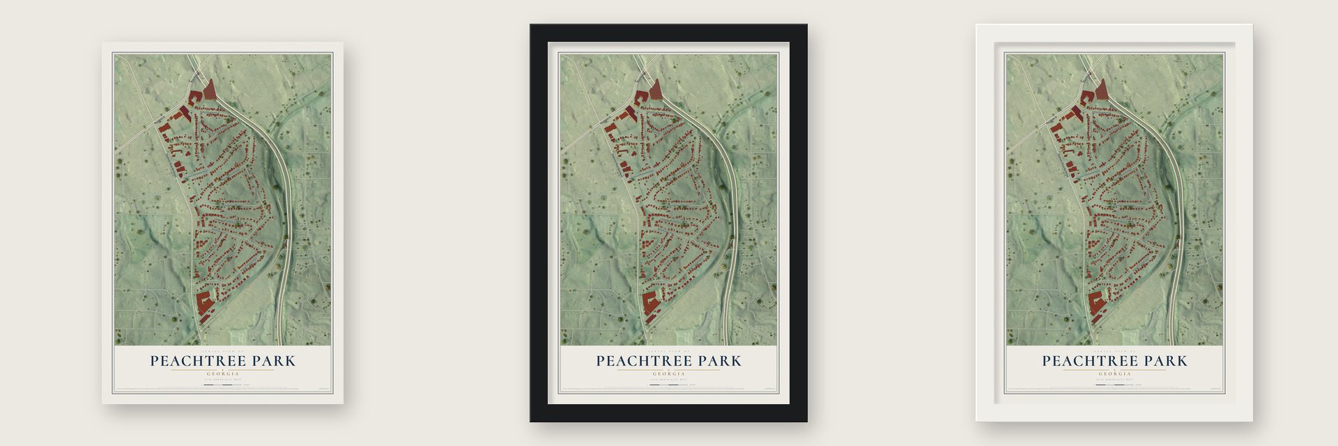 Peachtree Park, Georgia map unframed, in a black wood frame and in a white wood frame