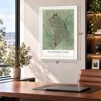 Peachtree Park, Georgia map, 18 x 24 inch print in a white frame in a home office