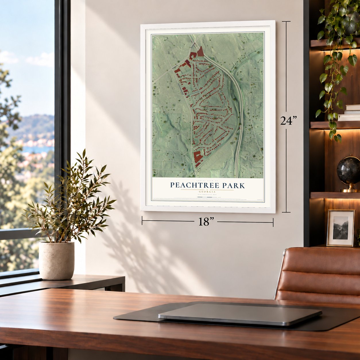 Peachtree Park, Georgia map, 18 x 24 inch print in a white frame in a home office