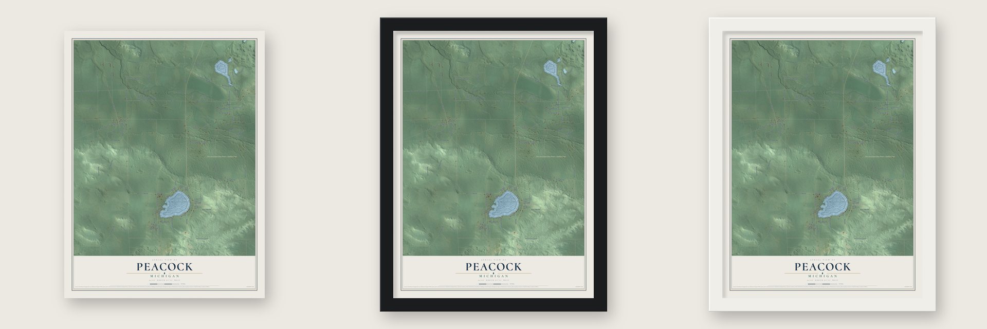 Peacock, Michigan map unframed, in a black wood frame and in a white wood frame