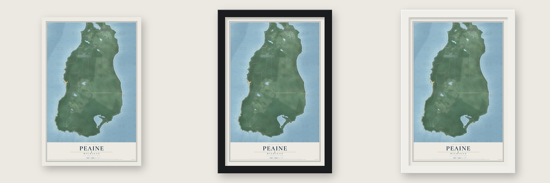 Peaine, Michigan map unframed, in a black wood frame and in a white wood frame