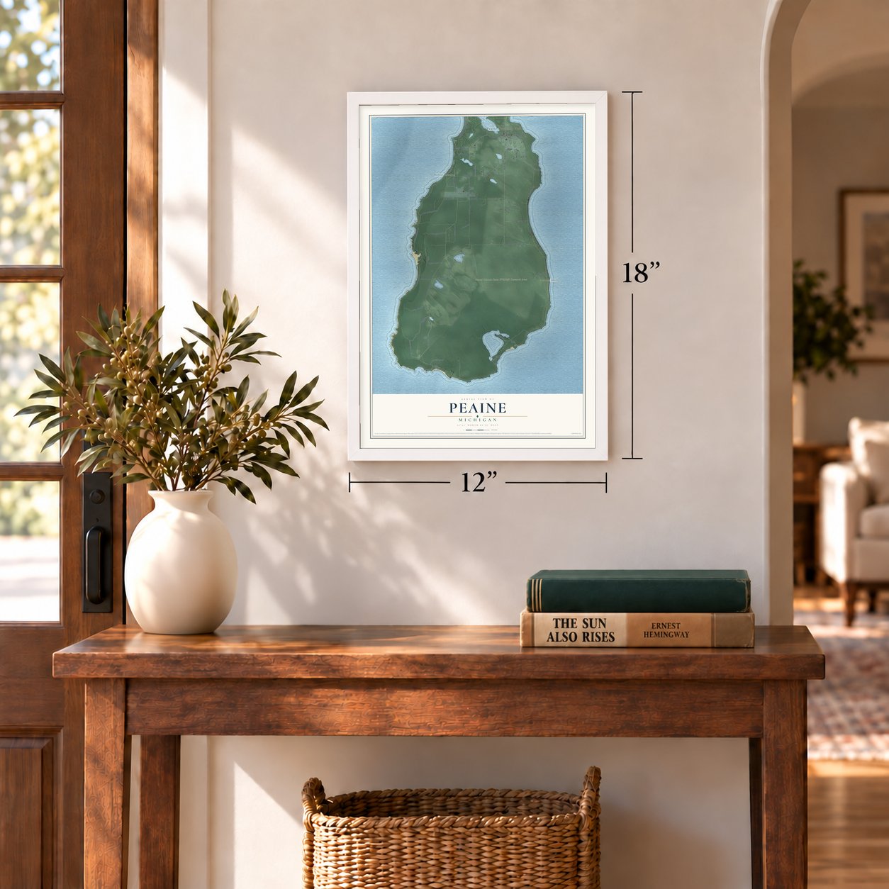 Peaine, Michigan map, 12 x 18 inch print in a white frame in an entryway