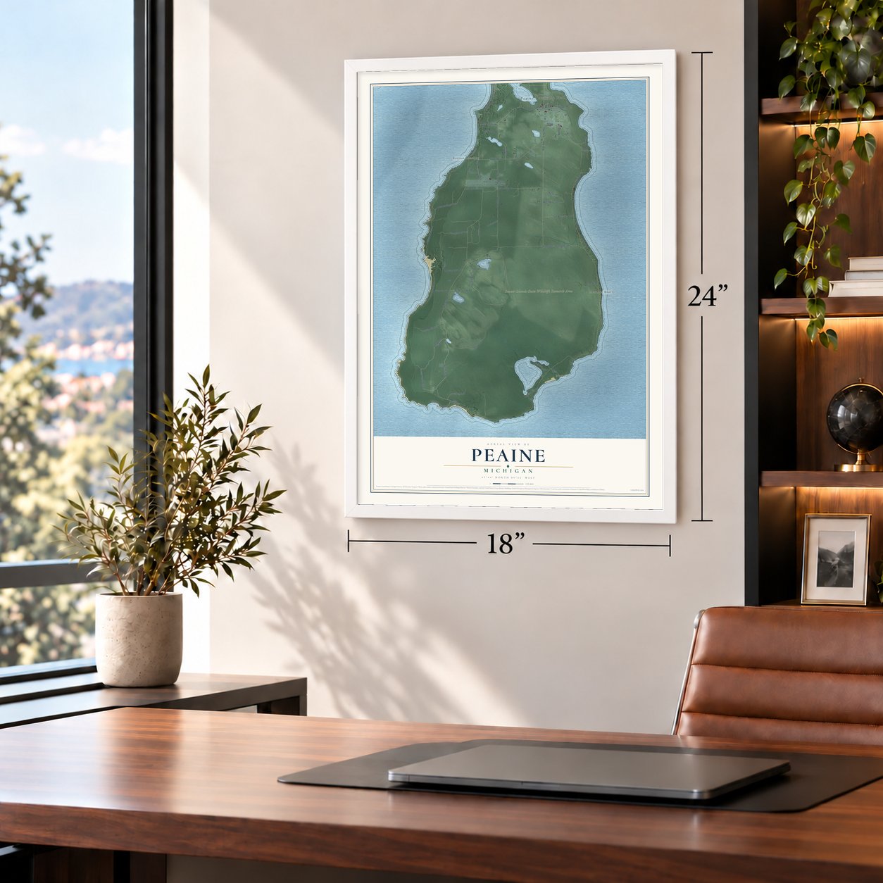 Peaine, Michigan map, 18 x 24 inch print in a white frame in a home office