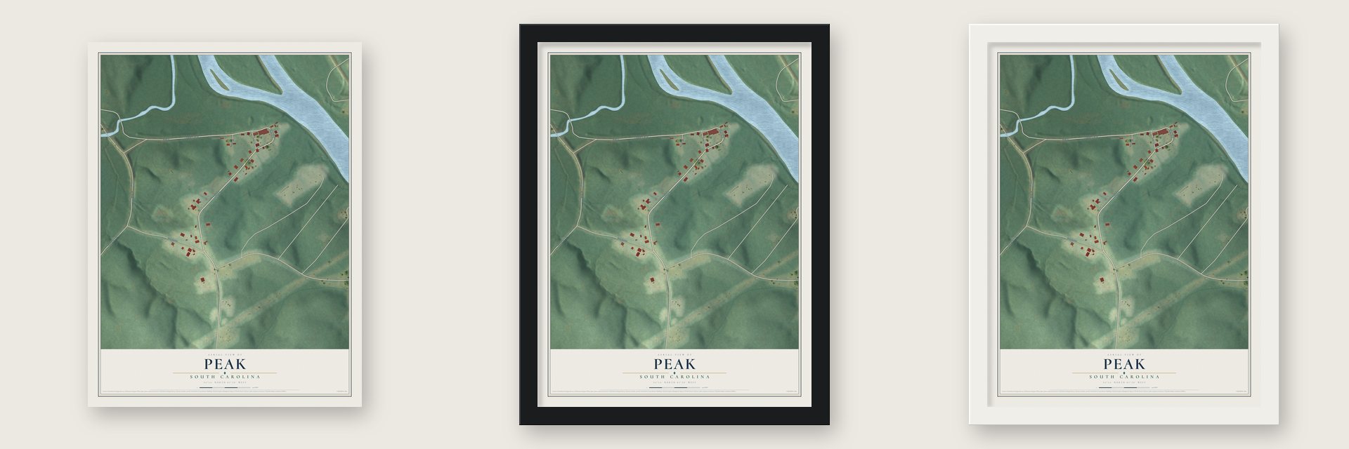 Peak, South Carolina map unframed, in a black wood frame and in a white wood frame