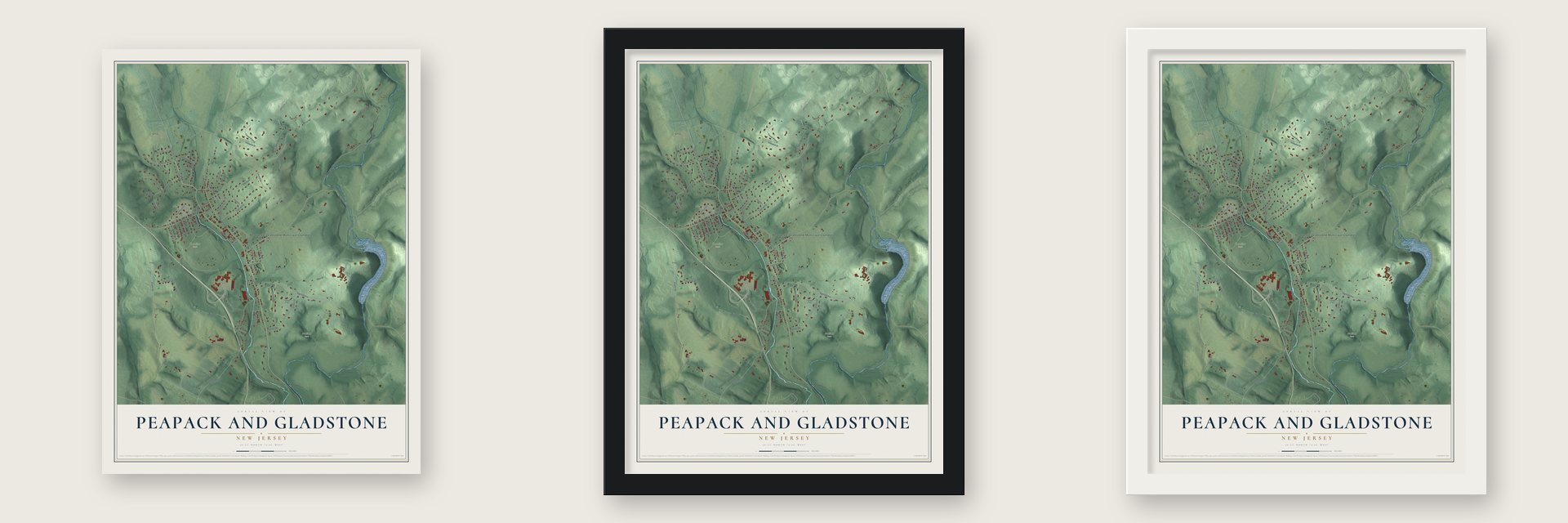 Peapack and Gladstone, New Jersey map unframed, in a black wood frame and in a white wood frame