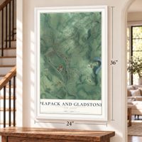 Peapack and Gladstone, New Jersey map, 24 x 36 inch print in a white frame by a staircase