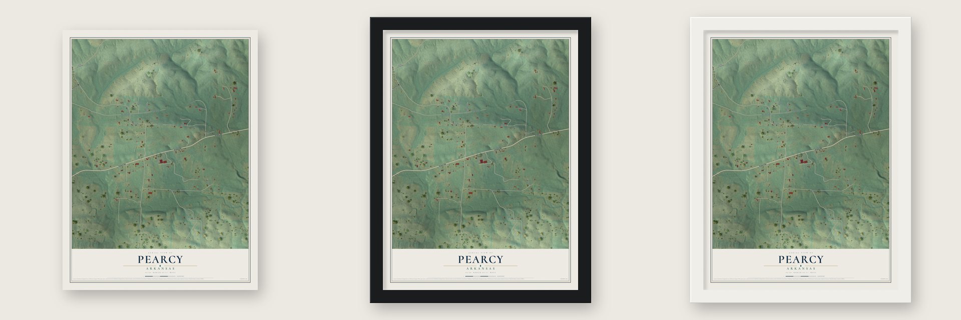 Pearcy, Arkansas map unframed, in a black wood frame and in a white wood frame