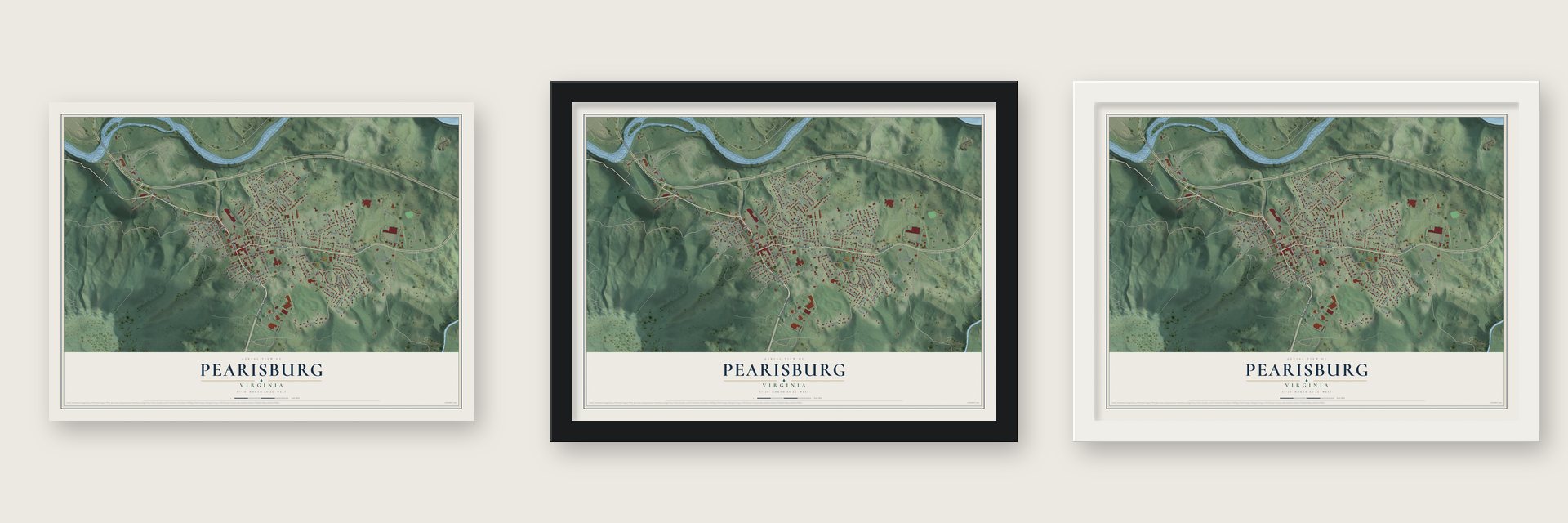 Pearisburg, Virginia map unframed, in a black wood frame and in a white wood frame