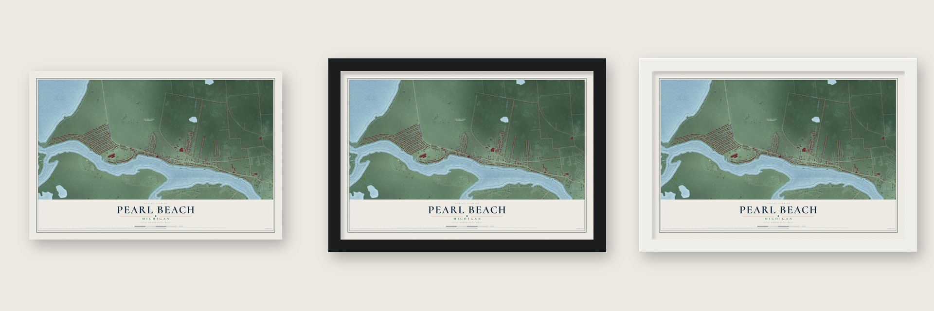 Pearl Beach, Michigan map unframed, in a black wood frame and in a white wood frame