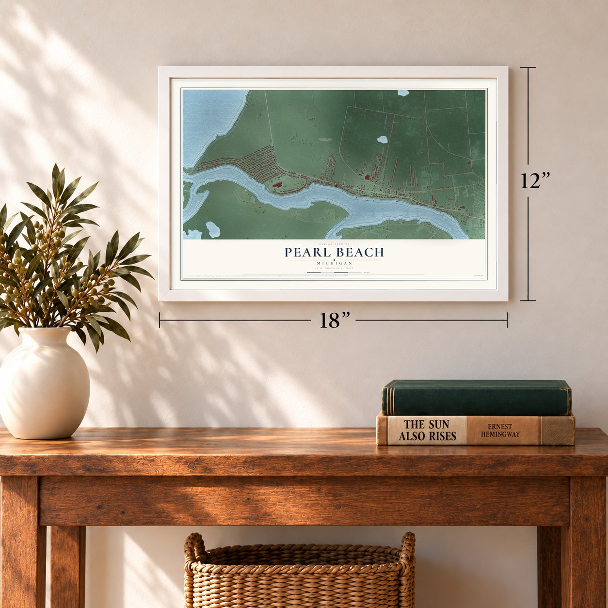 Pearl Beach, Michigan map, 12 x 18 inch print in a white frame in an entryway
