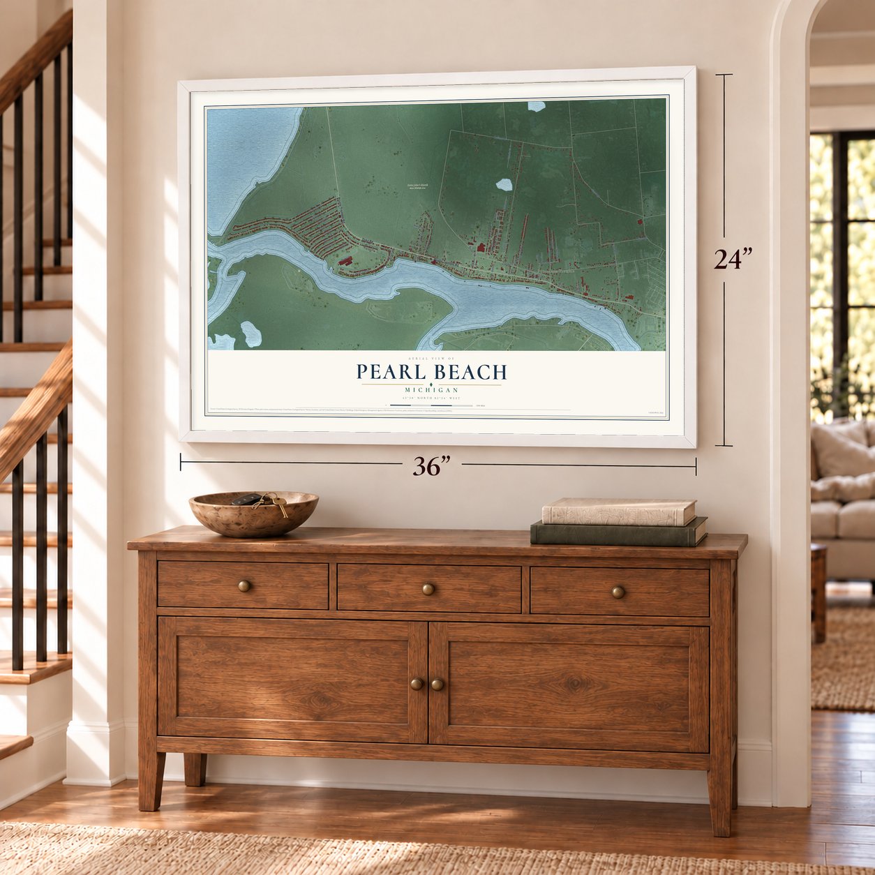 Pearl Beach, Michigan map, 24 x 36 inch print in a white frame above a dresser by a staircase