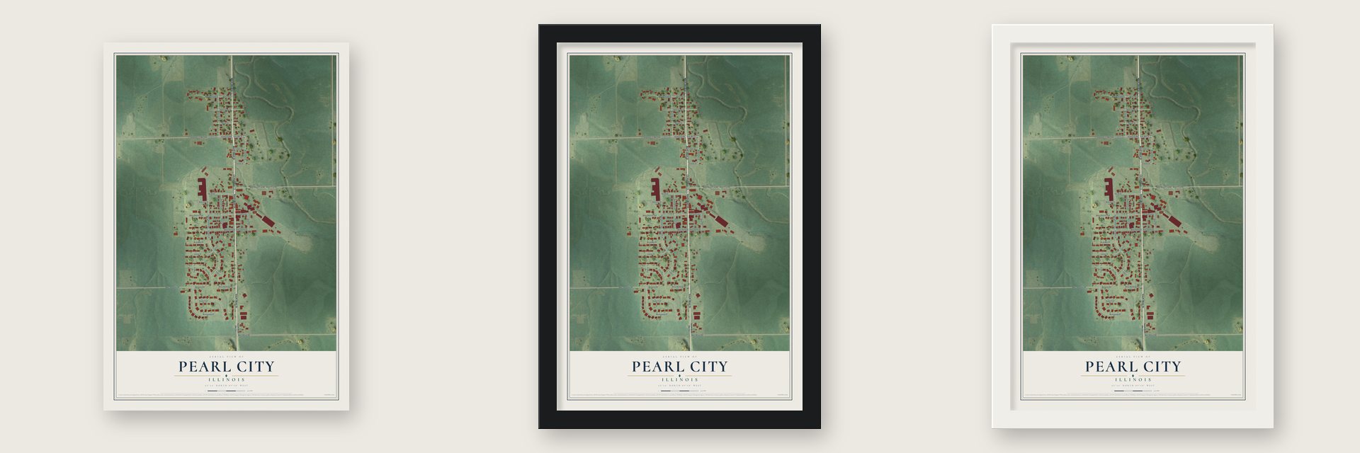 Pearl City, Illinois map unframed, in a black wood frame and in a white wood frame