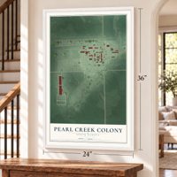 Pearl Creek Colony, South Dakota map, 24 x 36 inch print in a white frame by a staircase