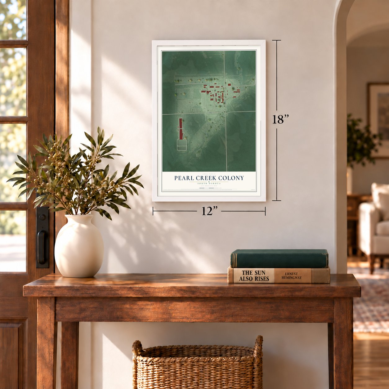 Pearl Creek Colony, South Dakota map, 12 x 18 inch print in a white frame in an entryway