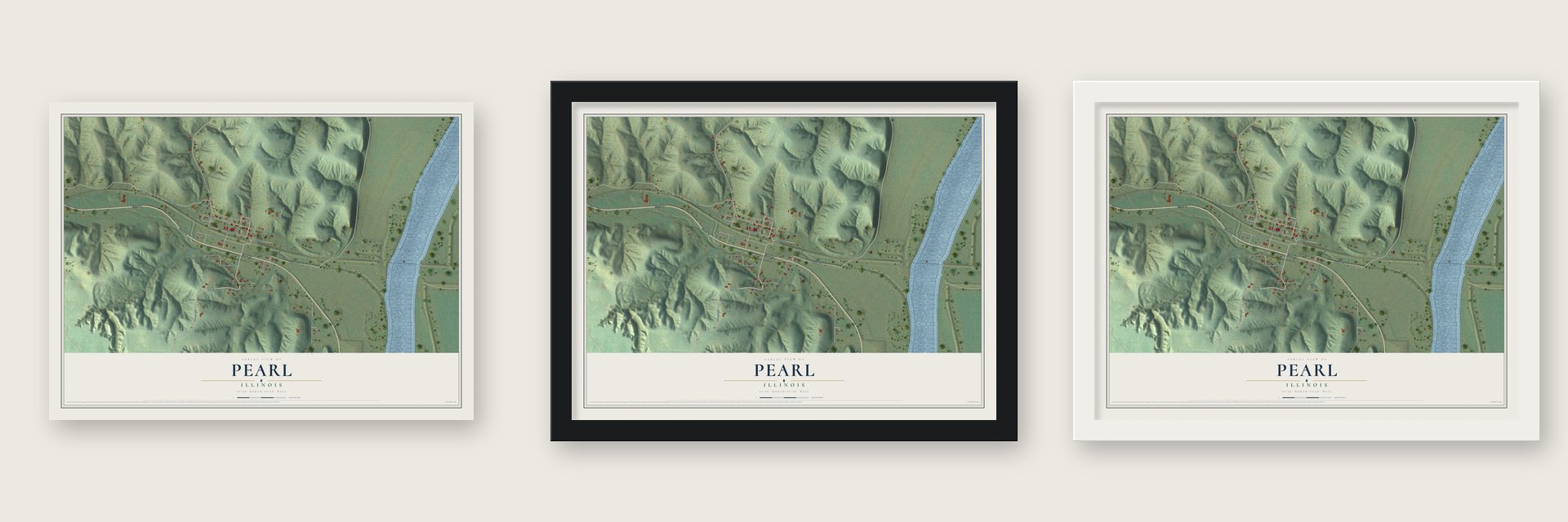 Pearl, Illinois map unframed, in a black wood frame and in a white wood frame