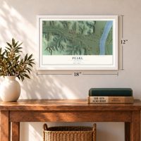 Pearl, Illinois map, 12 x 18 inch print in a white frame in an entryway