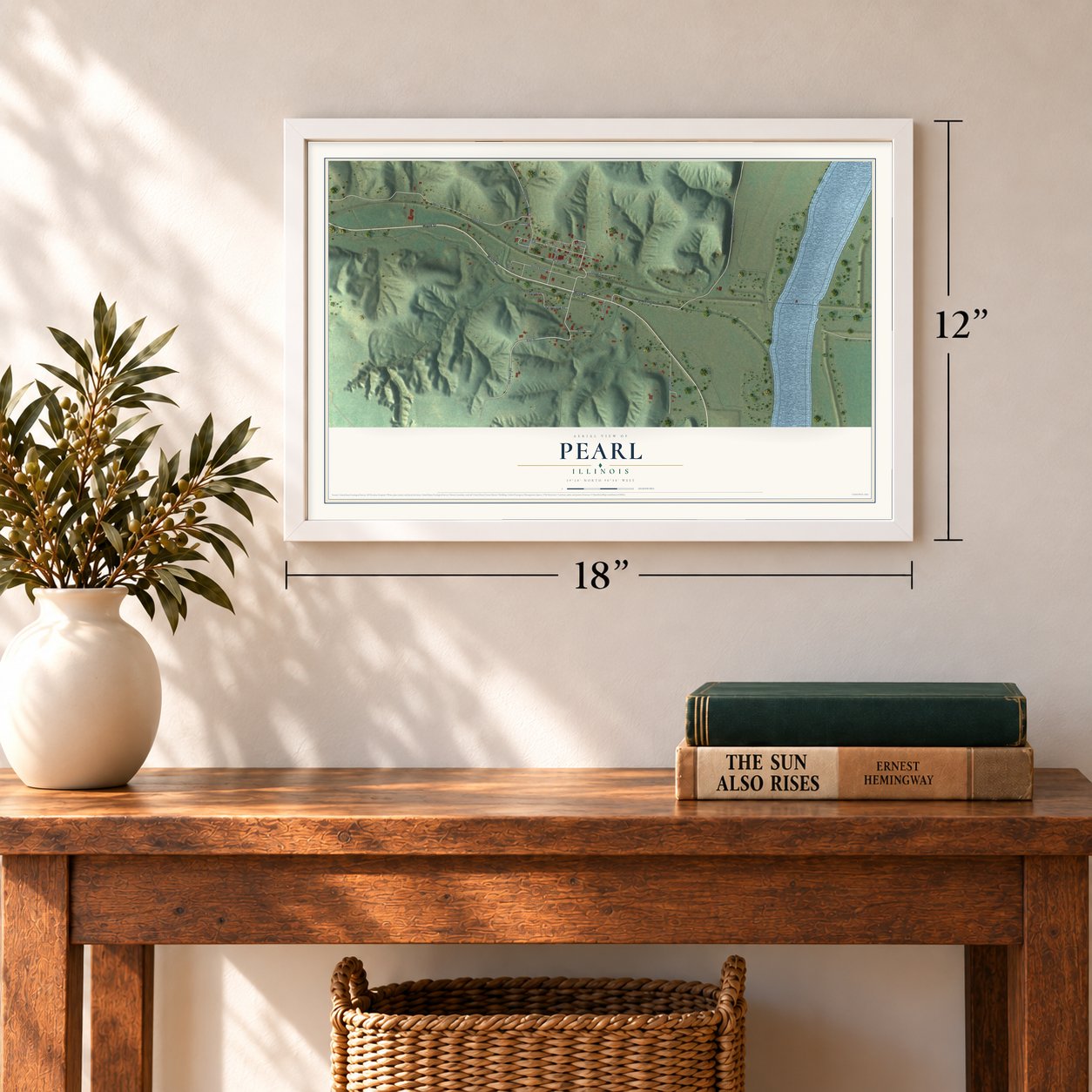 Pearl, Illinois map, 12 x 18 inch print in a white frame in an entryway