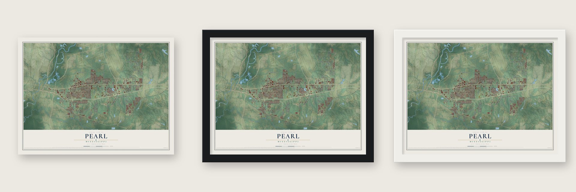 Pearl, Mississippi map unframed, in a black wood frame and in a white wood frame