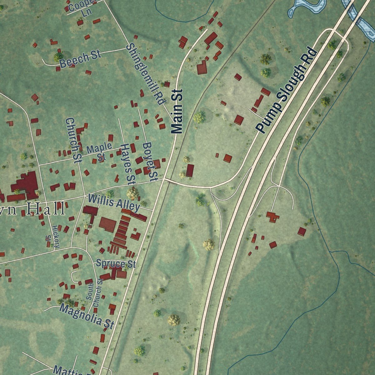 Second close-up of the map of Pearl River, Louisiana print showing more streets and buildings