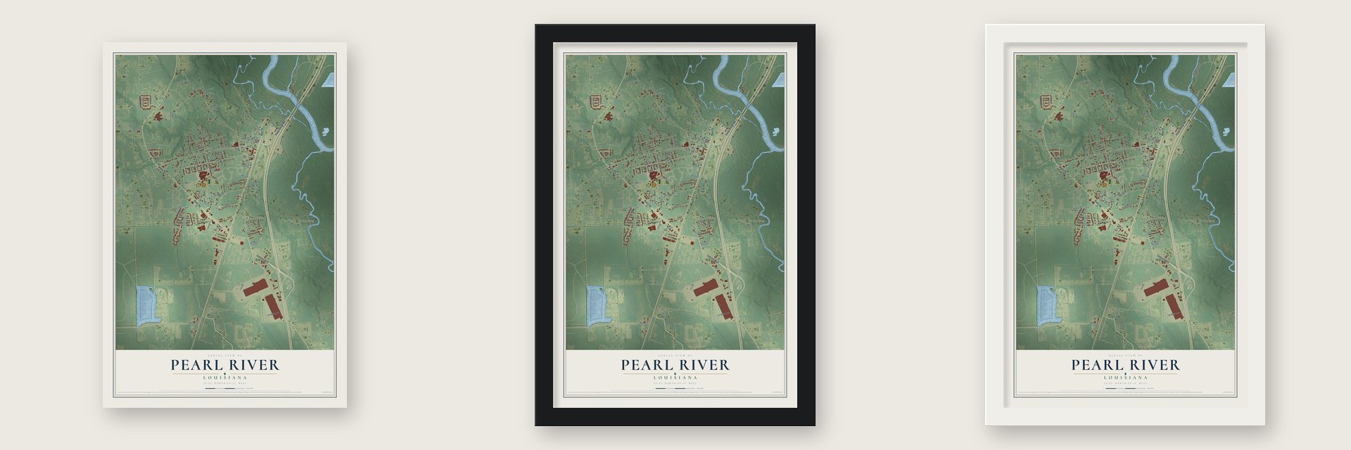 Pearl River, Louisiana map unframed, in a black wood frame and in a white wood frame