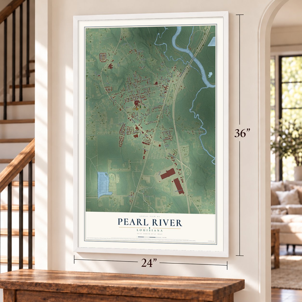 Pearl River, Louisiana map, 24 x 36 inch print in a white frame by a staircase