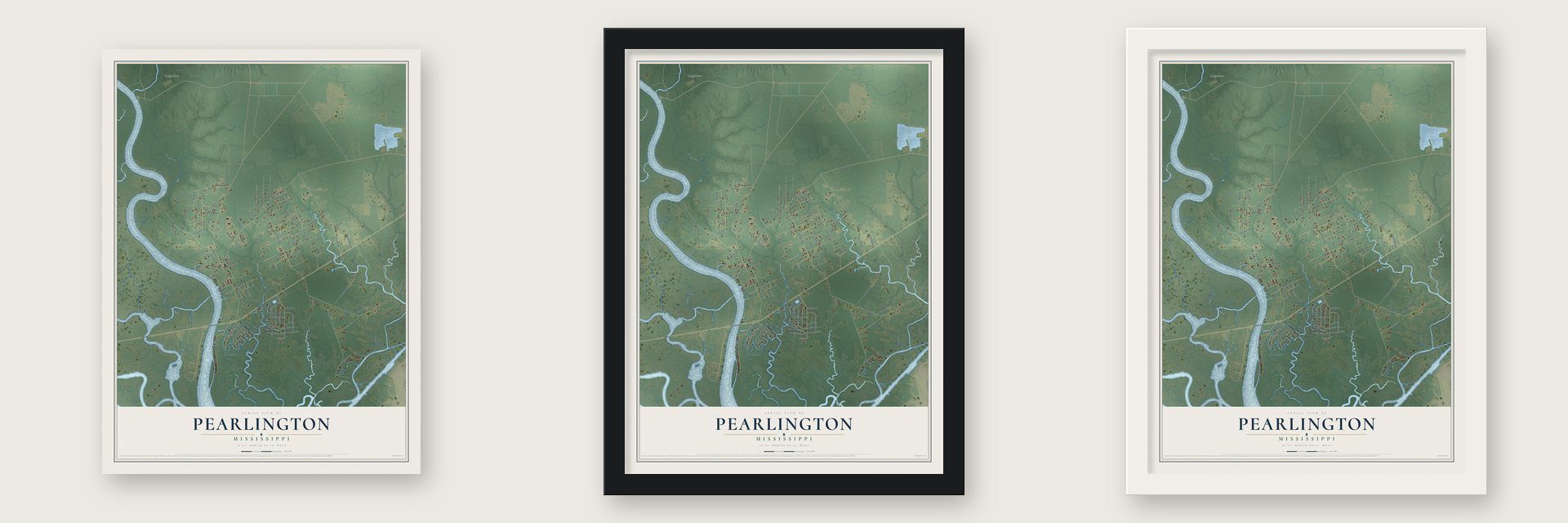 Pearlington, Mississippi map unframed, in a black wood frame and in a white wood frame