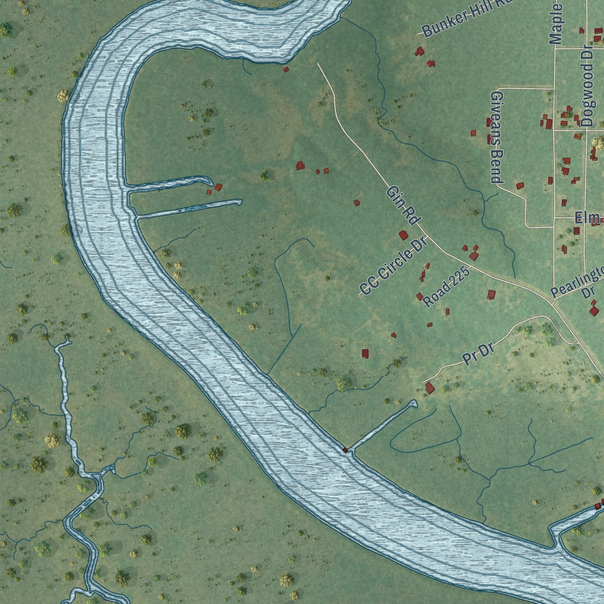 Second close-up of the map of Pearlington, Mississippi print showing more streets and buildings