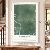 Pearlington, Mississippi map, 24 x 36 inch print in a white frame by a staircase