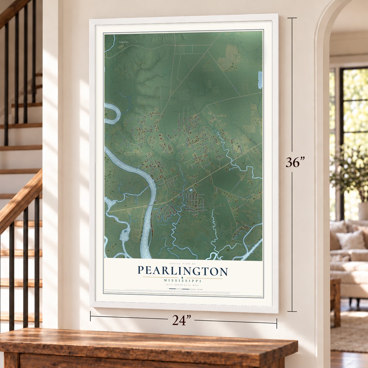 Pearlington, Mississippi map, 24 x 36 inch print in a white frame by a staircase