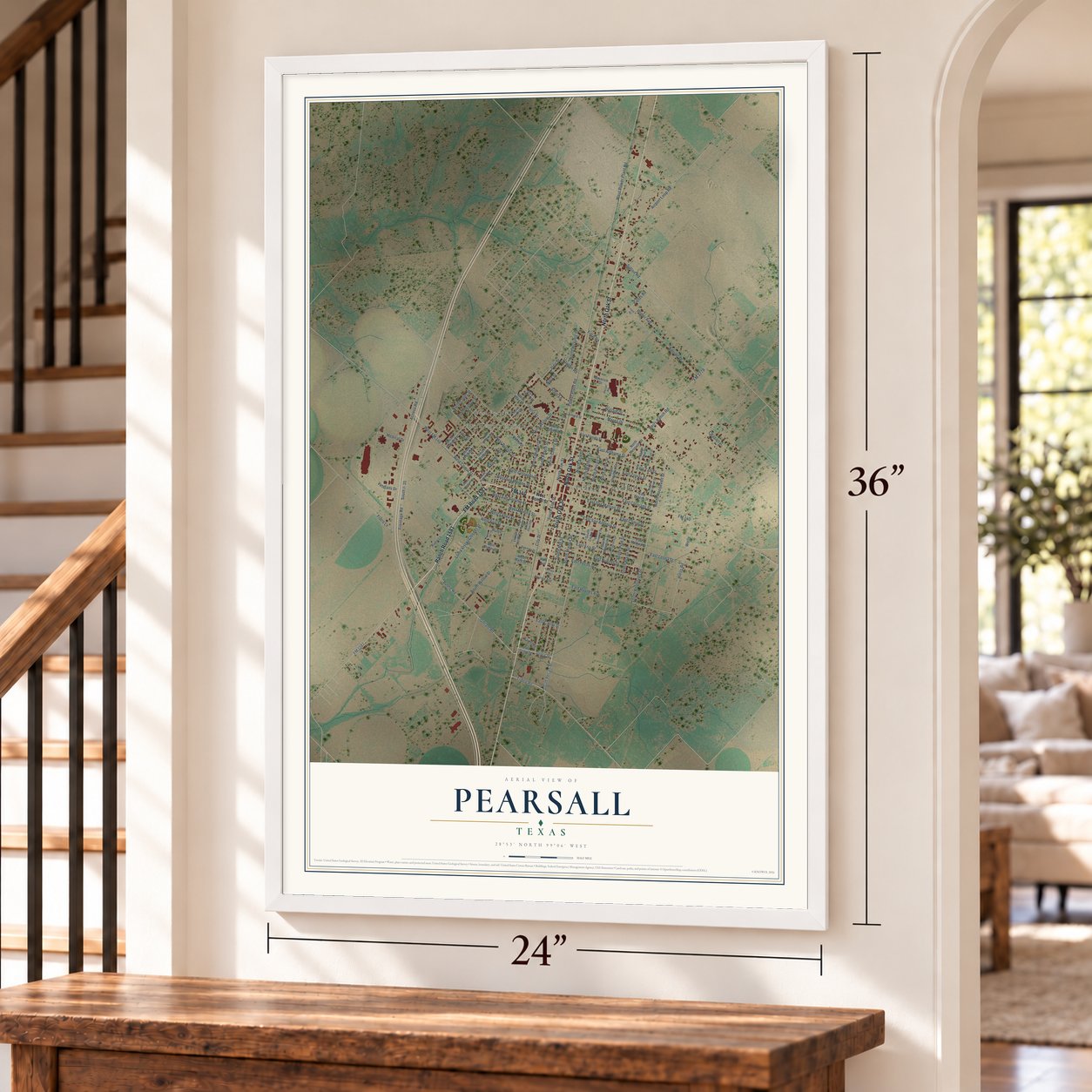 Pearsall, Texas map, 24 x 36 inch print in a white frame by a staircase
