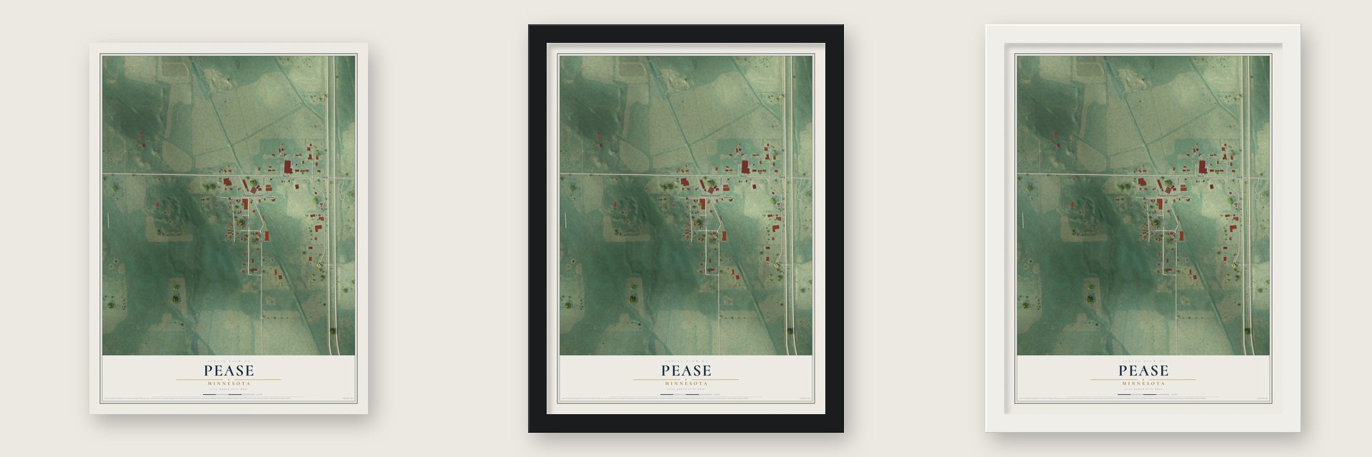 Pease, Minnesota map unframed, in a black wood frame and in a white wood frame