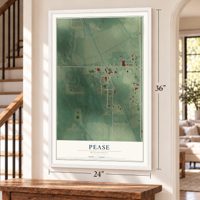 Pease, Minnesota map, 24 x 36 inch print in a white frame by a staircase
