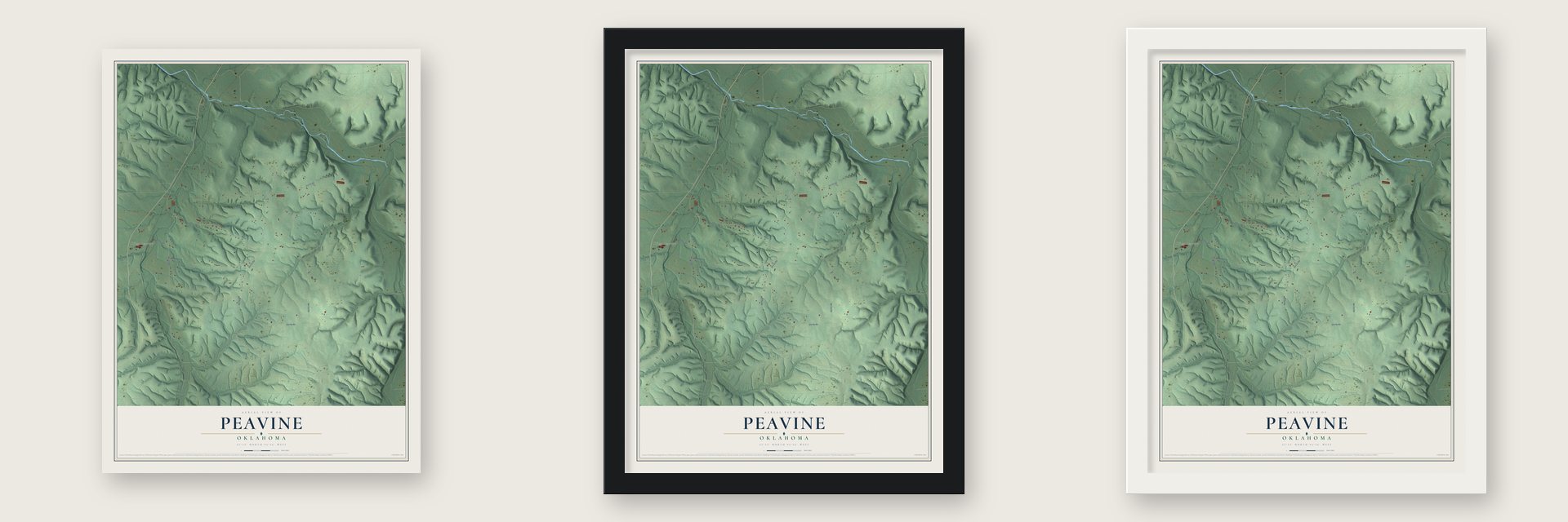 Peavine, Oklahoma map unframed, in a black wood frame and in a white wood frame