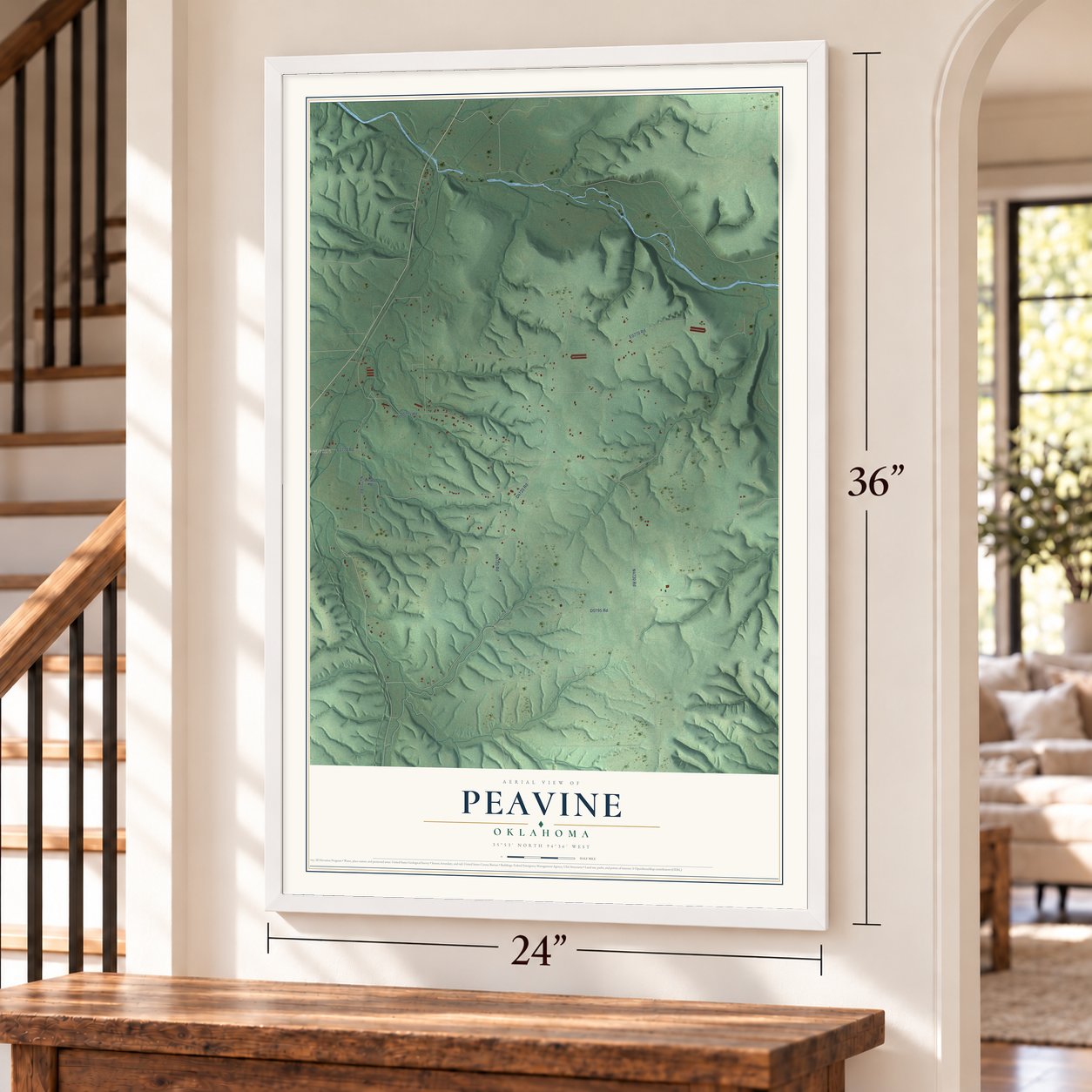 Peavine, Oklahoma map, 24 x 36 inch print in a white frame by a staircase
