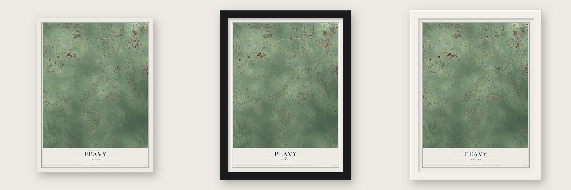 Peavy, Texas map unframed, in a black wood frame and in a white wood frame