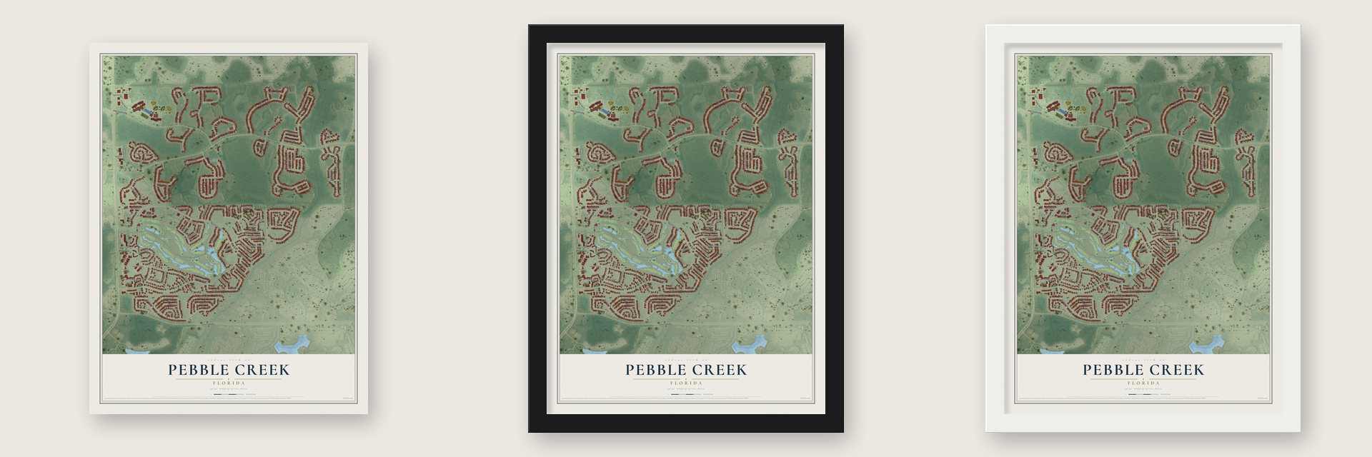 Pebble Creek, Florida map unframed, in a black wood frame and in a white wood frame